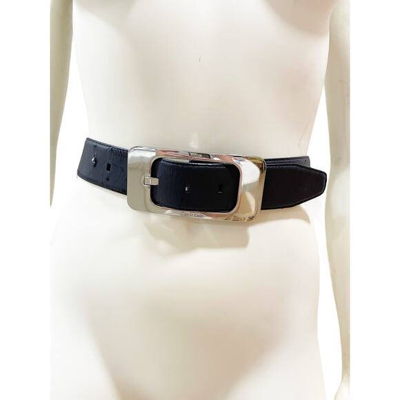 Calvin Klein 90s Style Silver Big Buckle Minimal Large Black - Picture 1 of 16